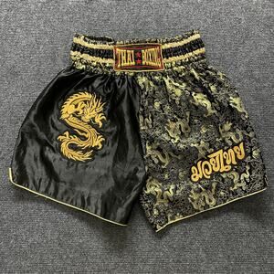 Thai Boxing Shorts Mens Medium Black Gold Dragon Muay Thai Trunks Kickboxing